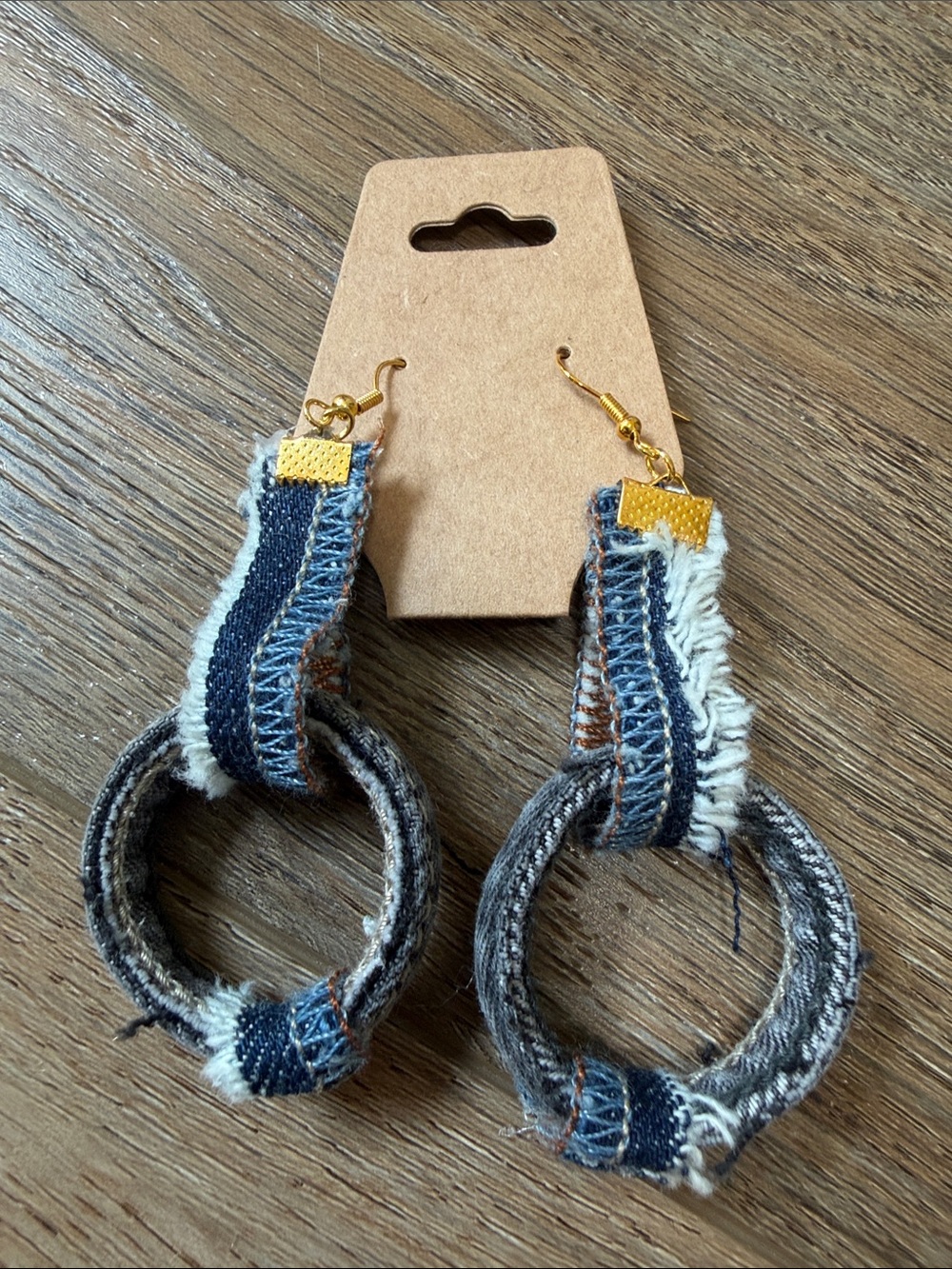Denim Hoop Drop Earrings in Blue & Cream